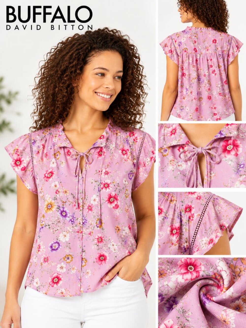 Buffalo David Bitton Floral Flutter Sleeve Blouse Lilac S